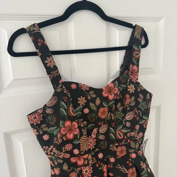 NWT ModCloth 2 Cat Print Floral‎ Jacquard Fit and Flare Dress Sleeveless Black - Picture 4 of 10